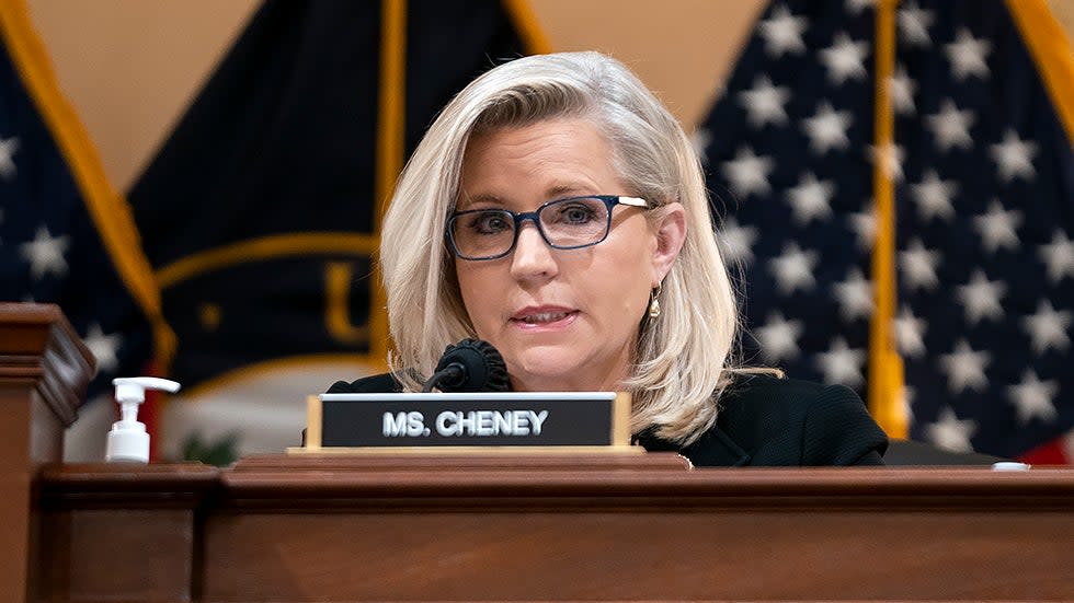 Rep. Liz Cheney (R-Wyo.) speaks during a Jan. 6 Select Committee vote to hold Jeffery Clark in contempt of Congress on Wednesday, Dec. 1, 2021.