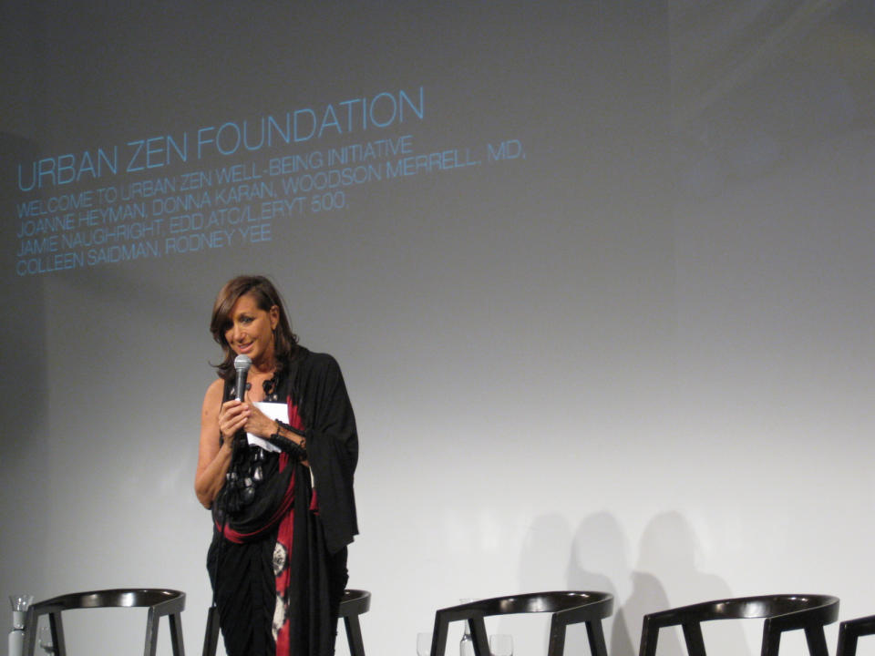 This April 2009 photo provided by Urban Zen shows fashion designer, Donna Karan, speaking at the Urban Zen Nutrition Forum in New York. Karan’s husband, Stephan, died in 2001 of lung cancer. It’s also when her Urban Zen Foundation was born, and it supports a program of integrative health therapy. (AP Photo/Urban Zen)