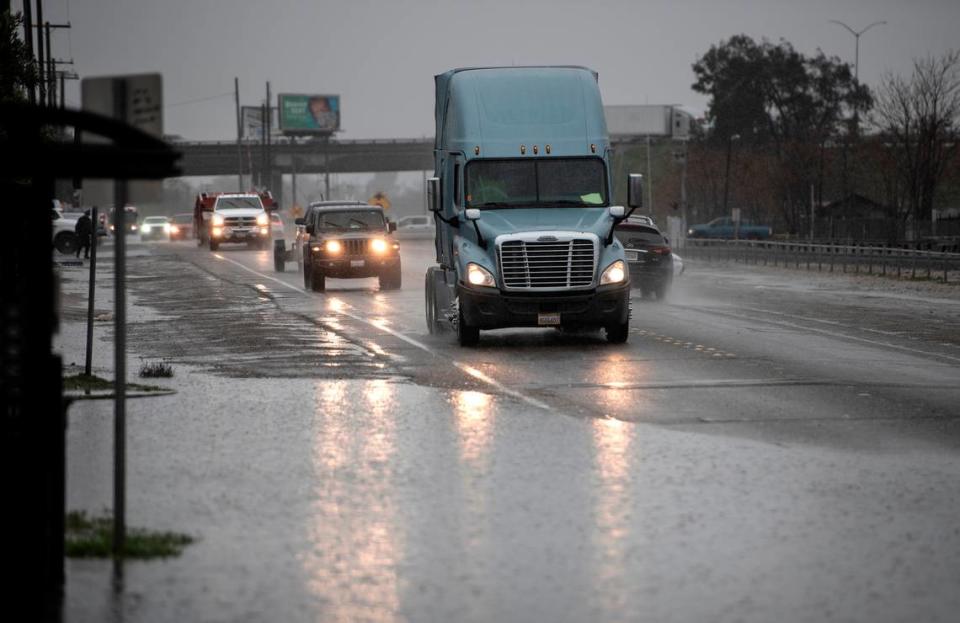 Road flooding caused slowdowns around Modesto, Calif., on Monday, Dec. 13, 2021.