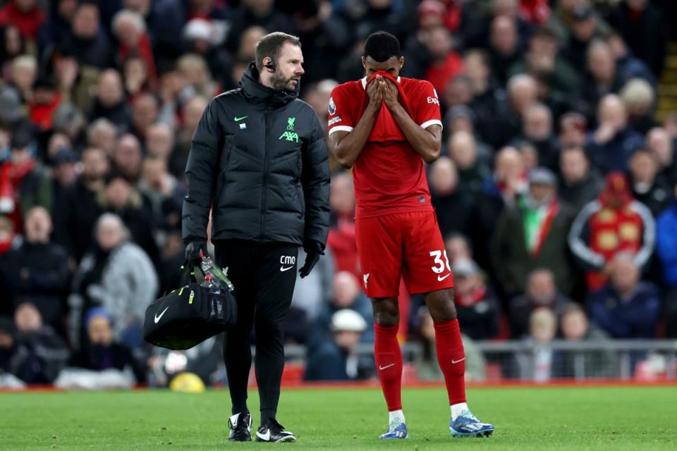 Quick recovery: Ryan Gravenberch limped out of Liverpool's draw with Manchester United at Anfield last weekend (Getty Images)