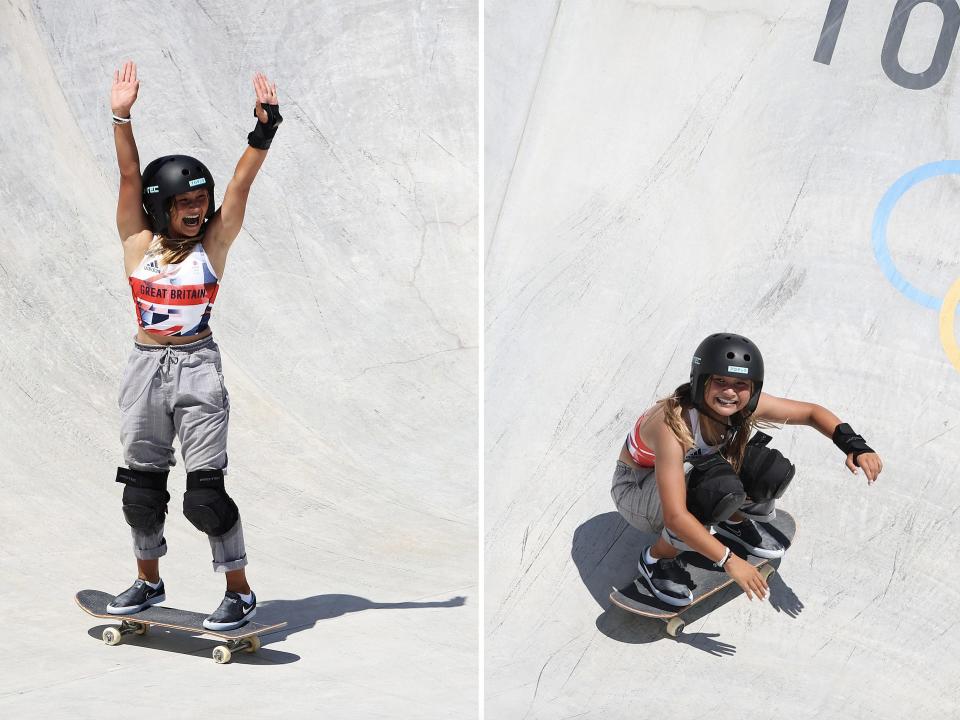 Sky reacts to landing tricks at the Olympics: arms up on the left and crouched and smiling on the right.