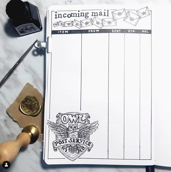 <p>This Harry Potter-themed <a href="https://www.instagram.com/carlinginink/" rel="nofollow noopener" target="_blank" data-ylk="slk:mail tracking page;elm:context_link;itc:0;sec:content-canvas" class="link ">mail tracking page</a> from works especially well for people who send or receive a ton of snail mail. People with Etsy or clothing resale businesses or particularly active online shoppers, give this bujo idea a try. </p>