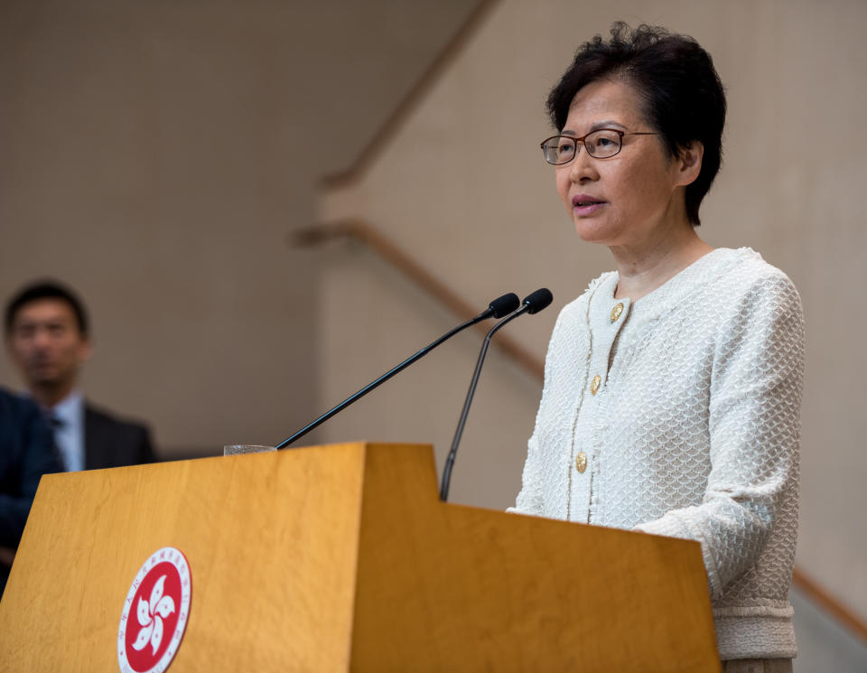 HONG KONG, CHINA - 2019/09/10: Carrie Lam, Hong Kong's Chief Executive, addresses a press regarding the recent protest activity and fields various questions from reporters. Carrie Lam held a press conference to discuss her plan on quelling the anti-extradition protests that have continued since the beginning of summer. She criticised recent acts of violence and emphasised the need to ensure the safety of Hong Kong's infrastructure. (Photo by Aidan Marzo/SOPA Images/LightRocket via Getty Images)