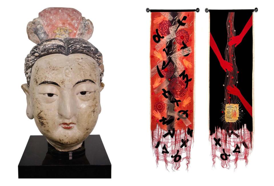 Jana Millstone’s “The Artist’s Hand” was inspired by the bust of a female figure from the Yuan Dynasty (left). Her work is a double-sided textile banner that she embroidered by hand.