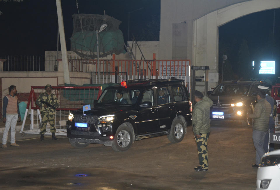 The convoy carrying Indian air force Wing Commander Abhinandan Varthaman drives out from the Integrated Check Post on the Indian side of the border in Attari, India, Friday, March 1, 2019. Pakistani officials handed over the captured Indian pilot to a border crossing with India on Friday in a "gesture of peace" promised by Pakistani Prime Minister Imran Khan amid a dramatic escalation with the country's archrival over the disputed region of Kashmir. (AP Photo/Prabhjot Gill)