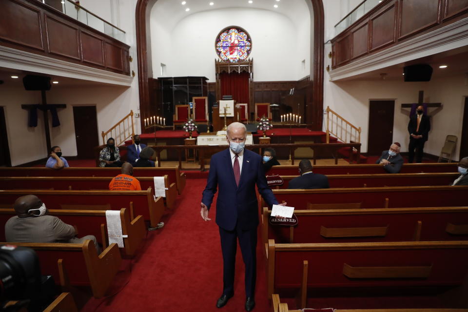 FILE - In this Monday, June 1, 2020, file photo, Democratic presidential candidate and former Vice President Joe Biden speaks to members of the clergy and community leaders at Bethel AME Church in Wilmington, Del. Democrats are betting on Biden’s evident comfort with faith as a powerful point of contrast in his battle against President Donald Trump. (AP Photo/Andrew Harnik, File)