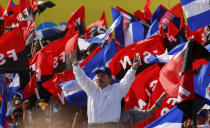 FILE - Nicaraguan President Daniel Ortega arrives to a rally marking the 39th anniversary of the Sandinista victory ousting the Somoza dictatorship, in Managua, Nicaragua. Ortega, 76, is a former guerrilla with the leftist Sandinista National Liberation Front first served as president from 1985 until he left office in 1990 after being voted out. He lost three more elections after that before returning to power in 2007. He won a fourth consecutive term in 2021. (AP Photo/Alfredo Zuniga, File)