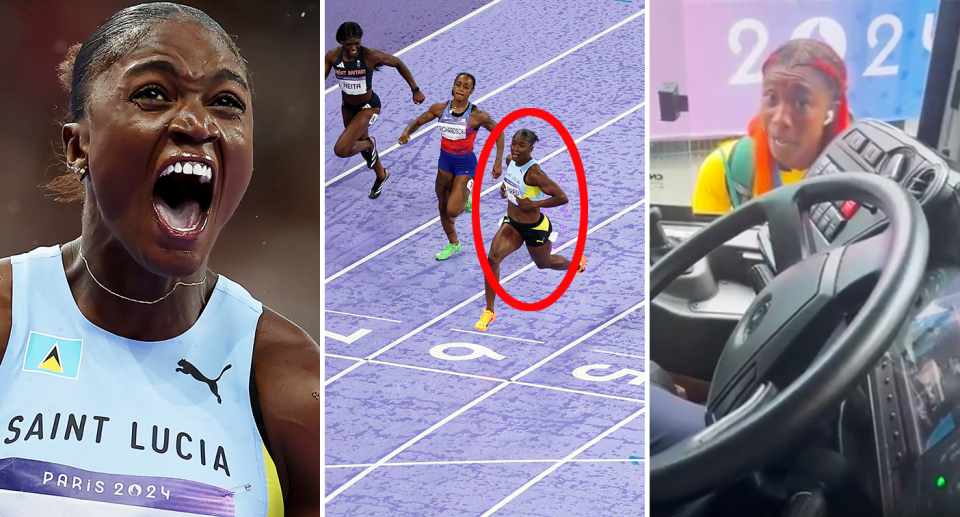 Shelly-Ann Fraser-Pryce is seen in footage on the right, with women's 100m champion Julien Alfred in the left two images.