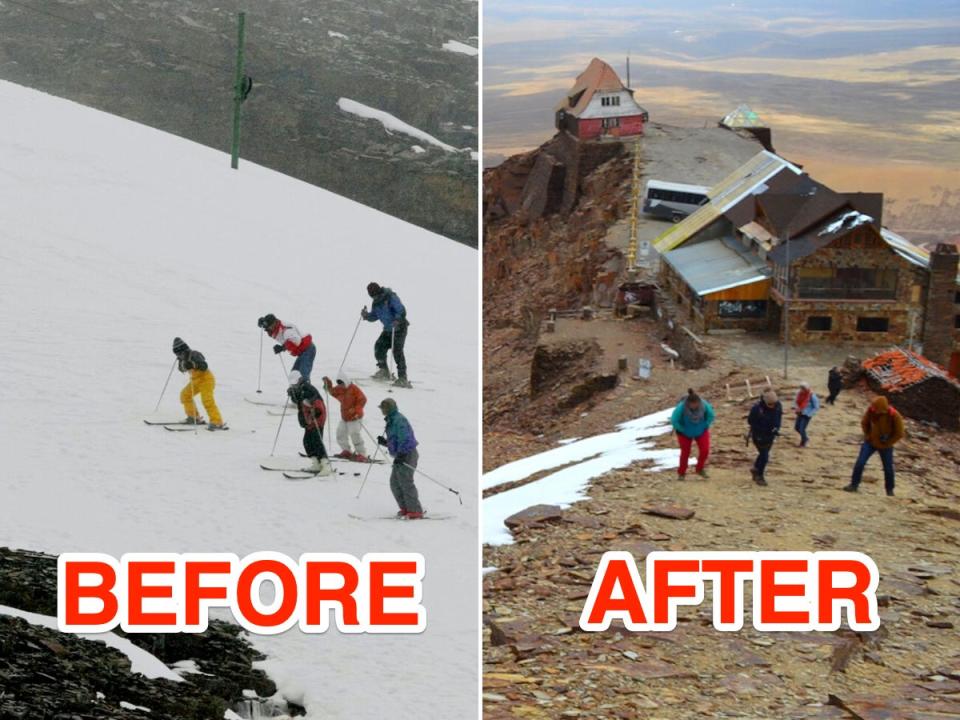 before and after images of the Chacaltaya mountain showcasing the melted snow