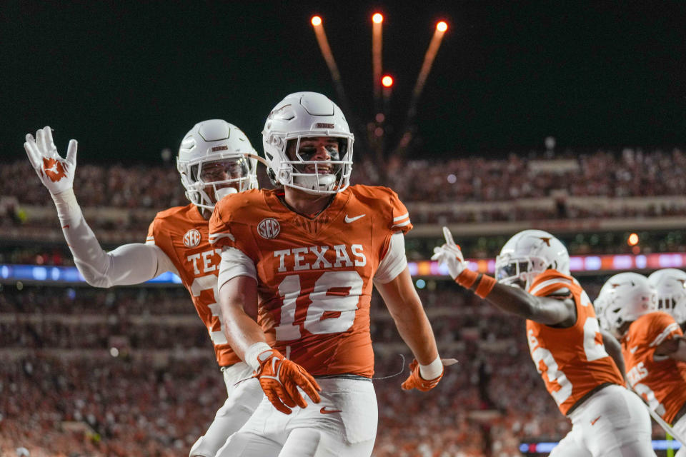 Texas linebacker Liona Lefau celebrates a safety that he recorded in Saturday's 51-3 win over Louisiana-Monroe at Royal-Memorial Stadium. He's tied with edge rusher Colin Simmons for the team lead in sacks through the first four games.