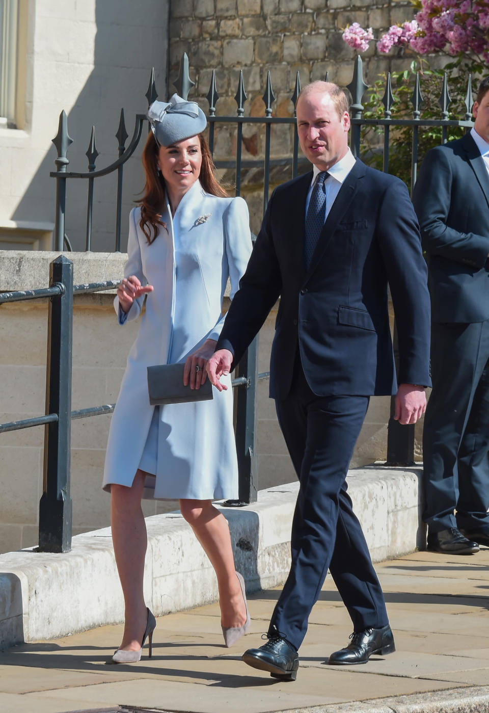 For the Easter Sunday service at St George’s Chapel in Windsor, Kate repeated her dove grey Alexander McQueen coat with her Jane Taylor hat from her tour of Australia 2014. Her grey accessories are both by Emmy London. [Photo: PA]