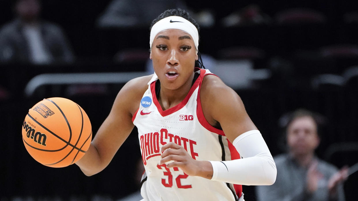 Ohio State forward Cotie McMahon dribbles the ball during the the NCAA women's tournament. The No. 3 Buckeyes face No. 1 Virginia Tech in the Elite Eight on Monday. (AP Photo/Paul Sancya)