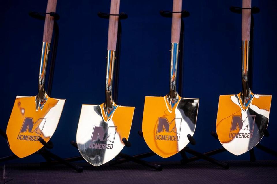 Shovels with a UC Merced logo during a groundbreaking ceremony for the University of California, Merced Medical Education Building on the university’s campus in Merced, Calif., on Tuesday, May 14, 2024. Construction of the $300 million 203,500 square foot facility, is expected to be completed in the fall of 2026.