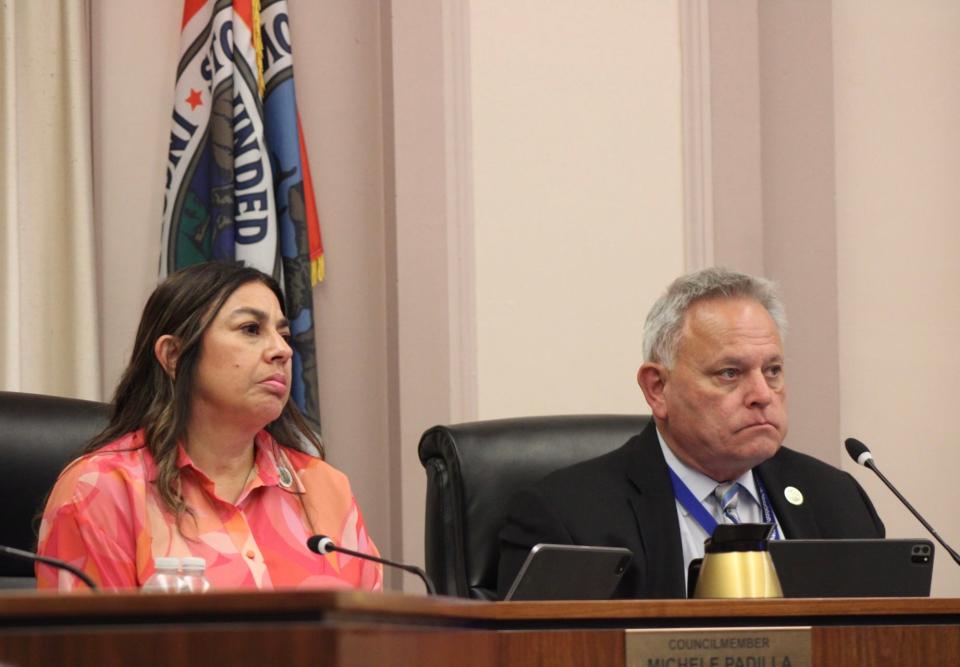 Council members Michele Padilla and Dan Wright listen to public comment at the Stockton City Council meeting on Tuesday, June 20, 2023.