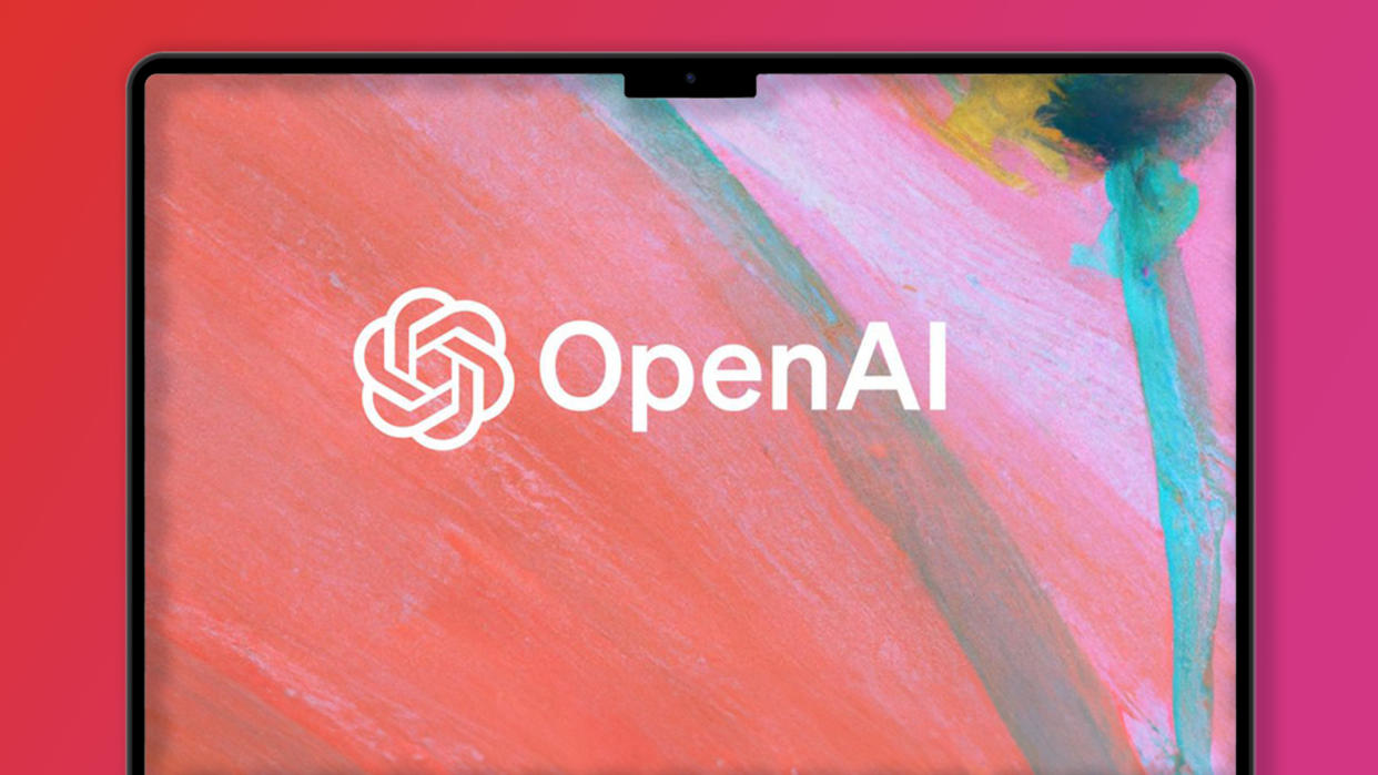  A laptop on a pink background showing the OpenAI logo. 