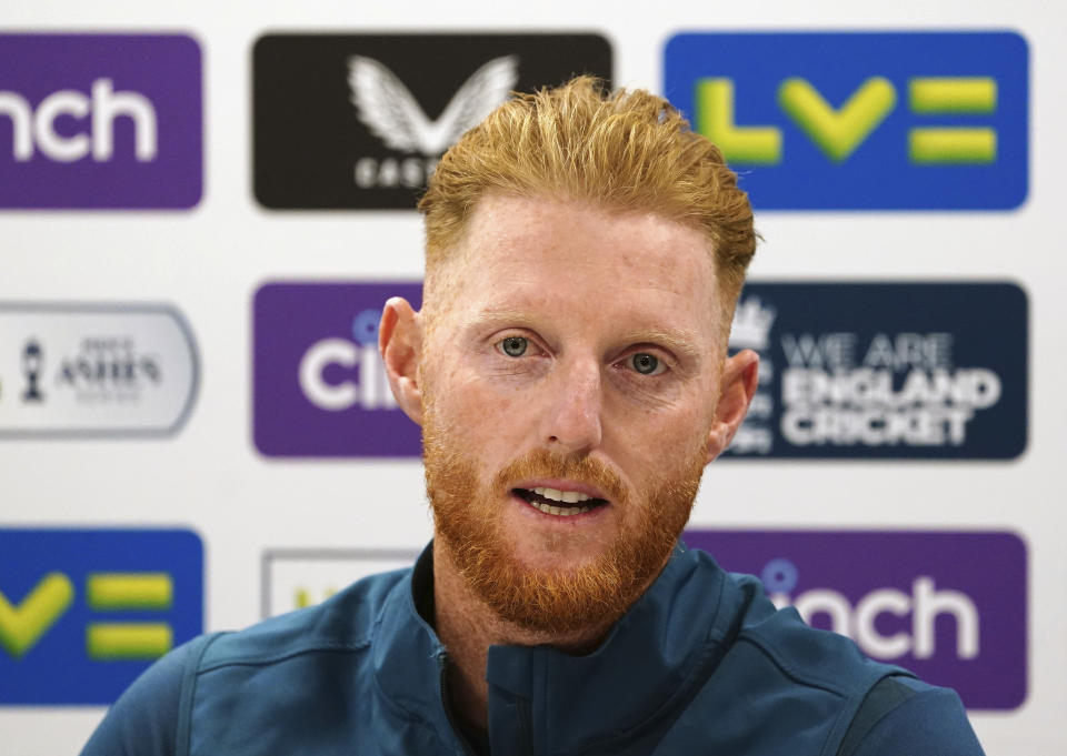 England's Ben Stokes holds a press conference at Lord's Cricket Ground, London, Tuesday, June 27, 2023. (Mike Egerton/PA via AP)