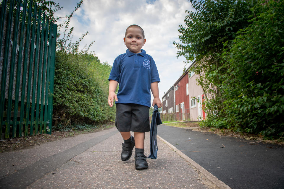 A brave little boy who has beaten leukaemia twice in his short life has defied the odds - to start his first day of school. Mum Kirsty Knighton said there were times she had thought she would never see four-year-old son Josh Stockhill in his school uniform on his first day. Josh was first diagnosed with acute nymphoblastic leukemia at just eight months old - and his parents were told following his diagnosis that he may not make it through the night. And after nine months of "rigorous" chemotherapy treatment, parents Kirsty Knighton, 36, and Craig Stockhill, 40, were dealt another blow - when they were told Josh had relapsed at just two years old. But Josh has defied the odds to start his first day at Leighton Primary School in Peterborough - a milestone which has left his parents "emotional".