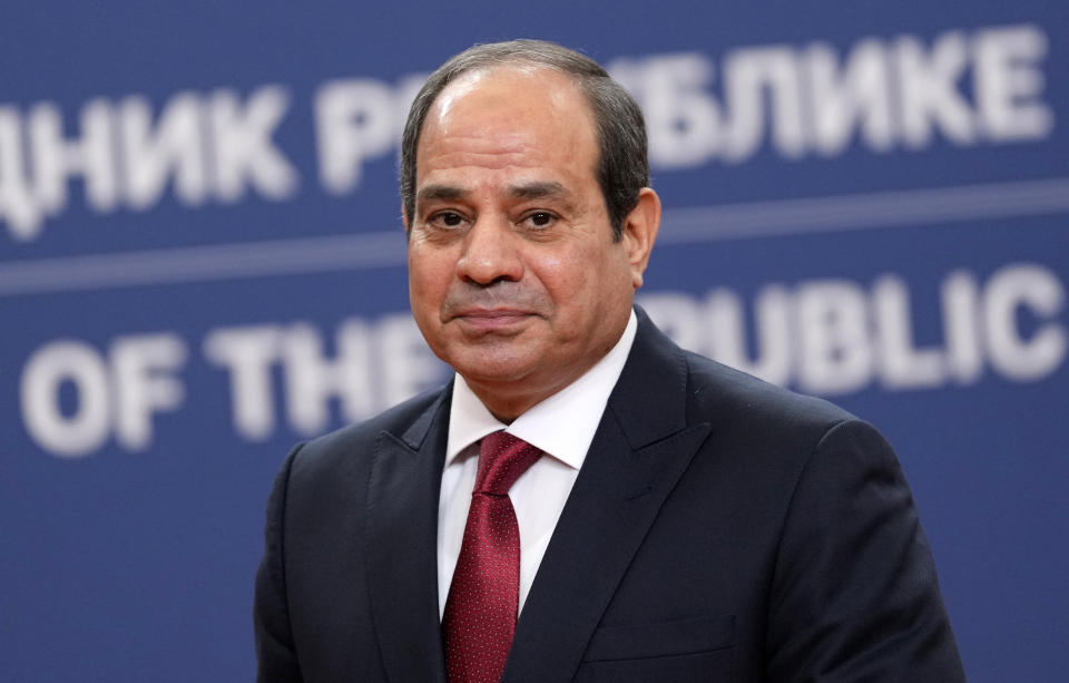 FILE - Egyptian President Abdel Fattah el-Sisi looks on during a press conference after talks with his Serbian counterpart Aleksandar Vucic at the Serbia Palace in Belgrade, Serbia, July 20, 2022. The Biden administration said Wednesday, Sept. 14, that it will again give Egypt much of a $300 million tranche of annual military aid to that country that's conditioned on human rights improvements, saying the U.S. ally had made progress by releasing some 500 of its estimated 60,000 political prisoners. (AP Photo/Darko Vojinovic, File)