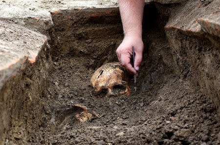 An archaeologist works over an uncovered skeleton at the Viminacium site, around 100km east from Belgrade, Serbia August 8, 2016. Picture taken August 8, 2016. REUTERS/Djordje Kojadinovic