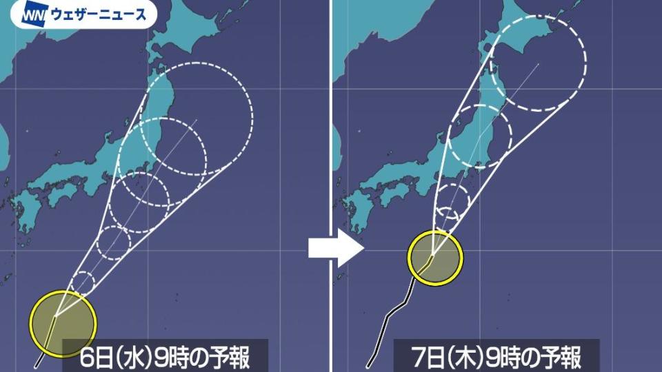 鴛鴦颱風預測路徑西移，恐將貫穿關東、東北地方。（圖／翻攝自@wni_jp推特）
