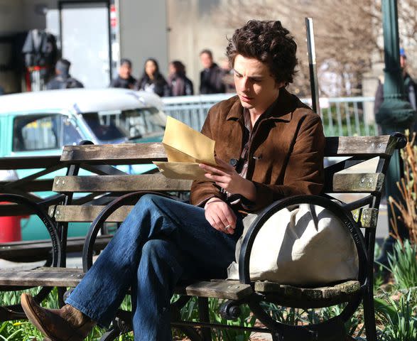 <p>Jose Perez/Bauer-Griffin/GC Images</p> Timothée Chalamet filming 'A Complete Unknown' on March 24, 2024 in New York City