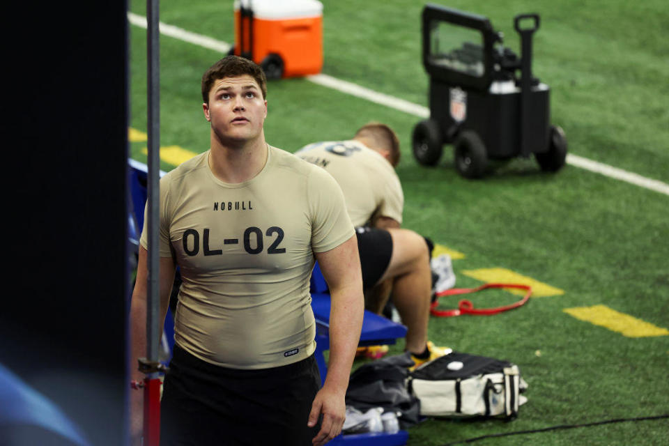 Offensive tackle Joe Alt of Notre Dame prepares for the vertical jump during the NFL Scouting Combine at Lucas Oil Stadium on March 3, 2024, in Indianapolis, Indiana. / Credit: Kara Durrette / Getty Images