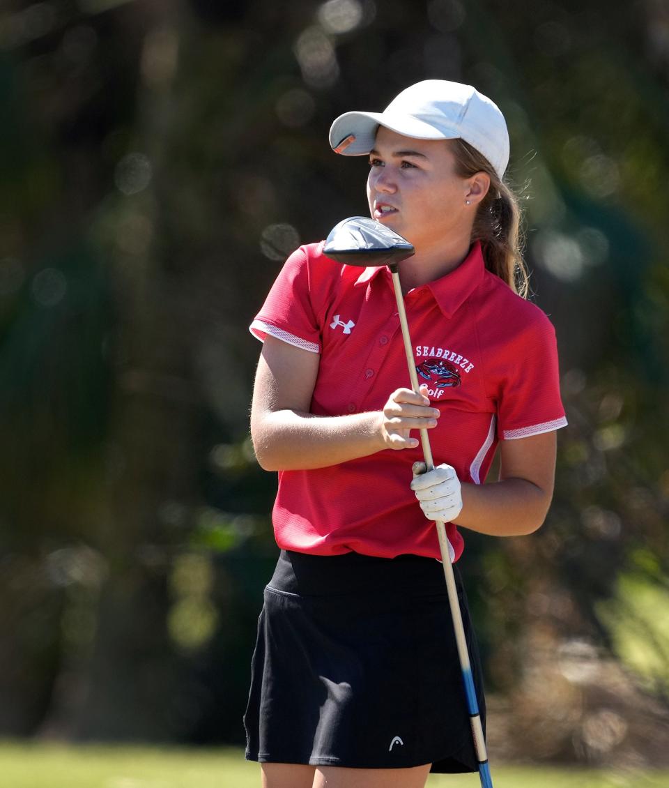 Seabreeze golfer Amelia Cobb watches her drive off the NO. 11 tee during 2A District 6 girls match at Daytona Golf Club in Daytona Beach,Tuesday, Oct. 25, 2022.