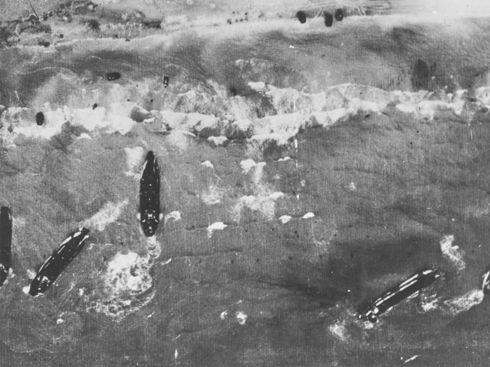 An aerial view of Allied landing craft assault vessels heading towards the British XXX Corps landing site on Gold Beach, King Red Sector on D-Day during Operation Overlord, the Allied invasion of German-occupied France on 6th June 1944 West of Ver-sur-Mer in Normandy, France.  (Photo by Keystone/Hulton Archive/Getty Images).