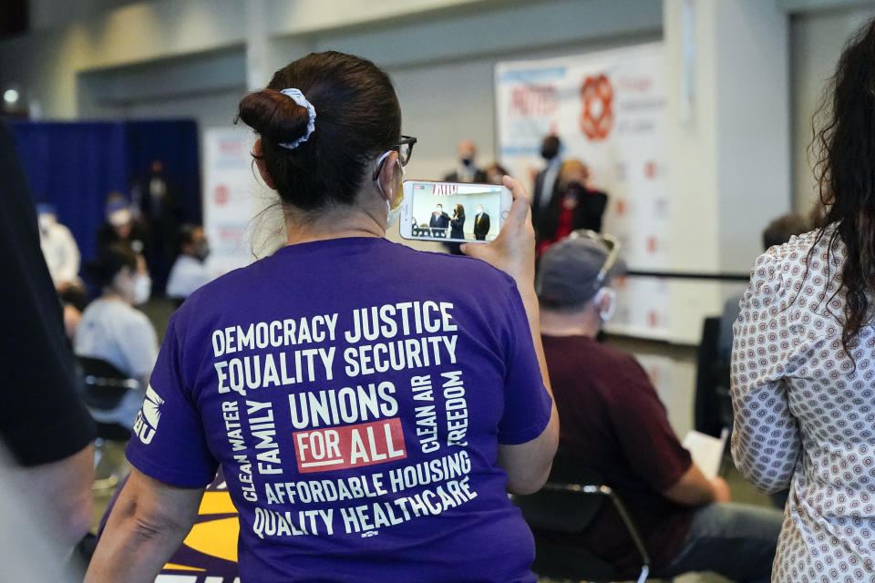 Vice President Kamala Harris speaks during a visit to a COVID-19 vaccination site Tuesday, April 6, 2021, in Chicago. The site is a partnership between the City of Chicago and the Chicago Federation of Labor. (AP Photo/Jacquelyn Martin)