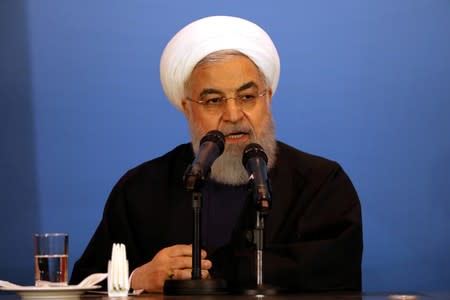 Iranian President Hassan Rouhani speaks during a meeting with tribal leaders in Kerbala