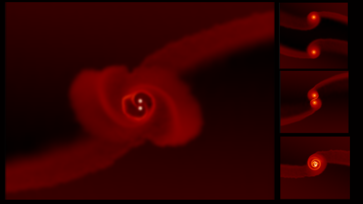  two small, bright dots representing merging black holes come together surrounding by a red swirl of gas and dust 