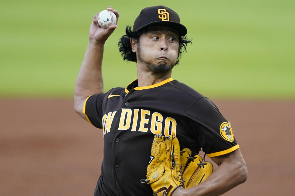 San Diego Padres starting pitcher Yu Darvish works in the first inning of a baseball game against the Atlanta Braves, Friday, May 13, 2022, in Atlanta. (AP Photo/John Bazemore)