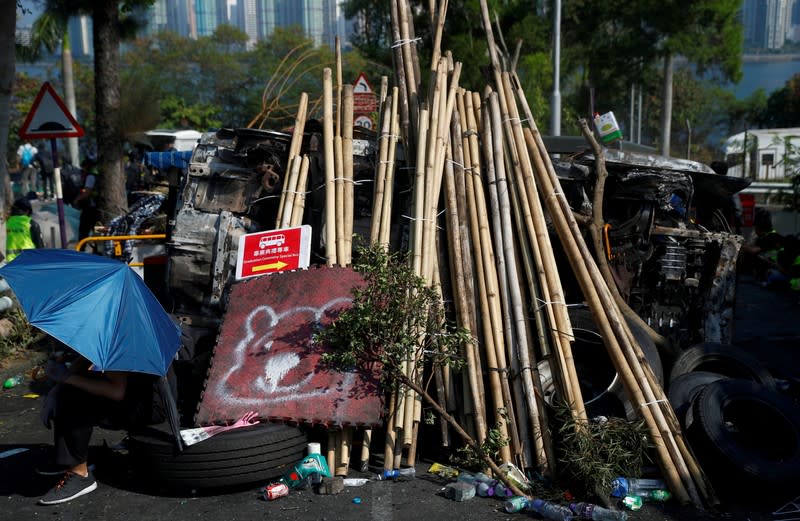 FILE PHOTO: A barricade set by protesters at the entrance to a campus is pictured at the Chinese University in Hong Kong, China