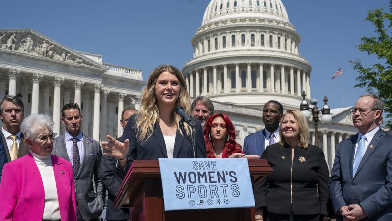 Volleyball player Macy Petty recounts competing against transgender rivals as House Republicans celebrate passage in the House of a bill that would bar federally supported schools and colleges from allowing transgender athletes whose biological sex assigned at birth was male to compete on girls or women’s sports teams at the Capitol in Washington, on April 20, 2023.