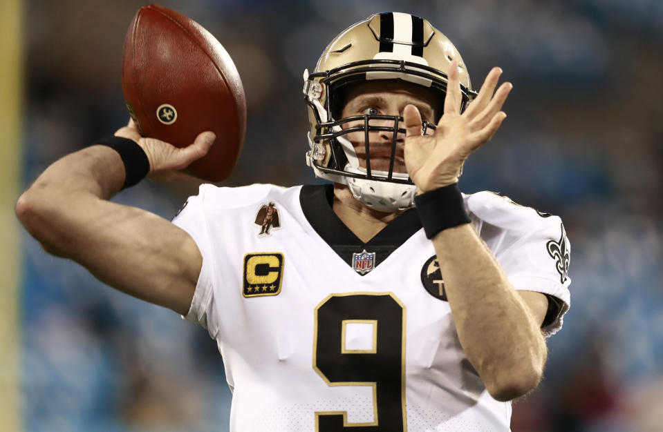 New Orleans Saints' Drew Brees (9) warms up before an NFL football game against the Carolina Panthers in Charlotte, N.C., Monday, Dec. 17, 2018. (AP Photo/Jason E. Miczek)