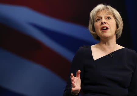 Home Secretary Theresa May speaks on the third day of the Conservative Party Conference in Manchester northern Britain, October 6 , 2015. REUTERS/Phil Noble