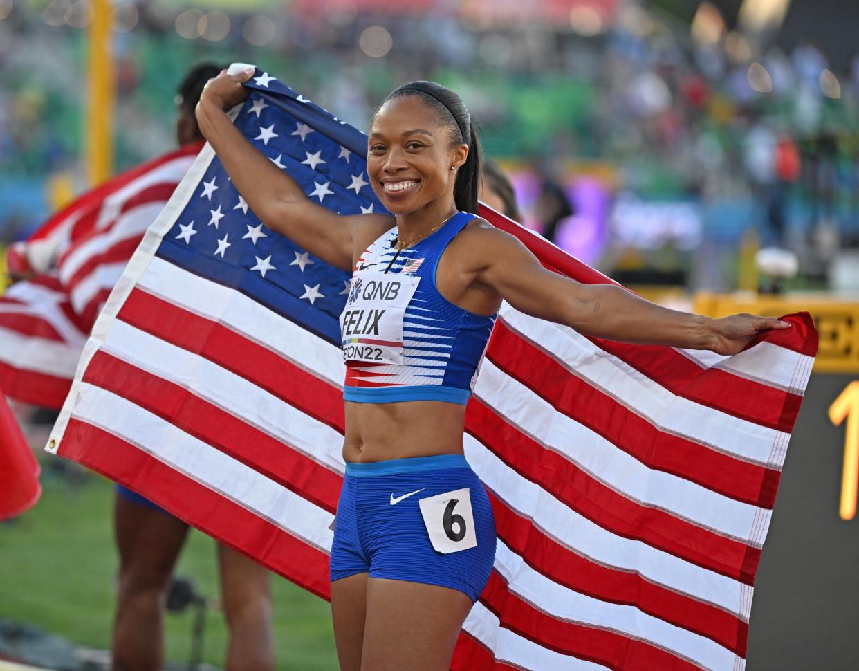 Allyson Felix of Team United States smiles after winning bronze in the 4x400m Mixed Relay Final during the eighteenth edition of the World Athletics Championships in Eugene, Oregon, United States on July 15, 2022.