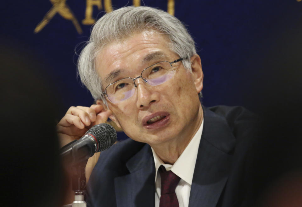 Junichiro Hironaka, Chief defense lawyer of former Nissan chairman Carlos Ghosn speaks during a press conference in Tokyo, Monday, March 4, 2019. Hironaka said Monday that Ghosn promised to accept camera surveillance as a way to monitor his activities if he is released from the detention center where he has been held since his Nov. 19 arrest. Ghosn has been charged with falsifying financial reports and breach of trust. (AP Photo/Koji Sasahara)