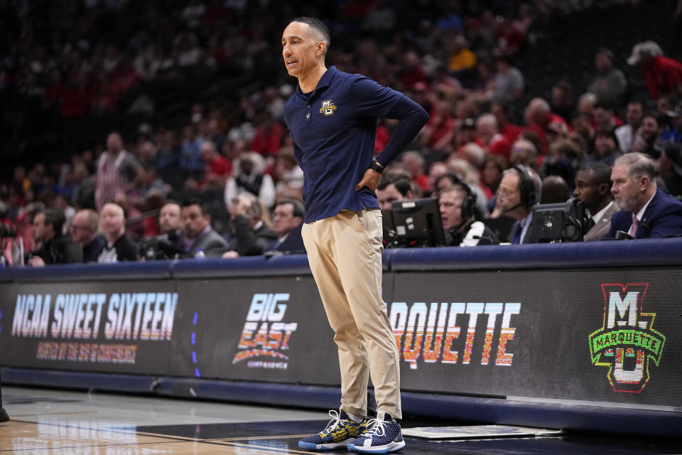 Marquette head coach Shaka Smart looks on during the first half of a Sweet 16 college basketball game against North Carolina State in the NCAA Tournament in Dallas, Friday, March 29, 2024. (AP Photo/Tony Gutierrez)