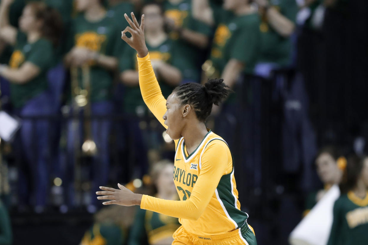 Baylor guard Juicy Landrum (20) celebrates sinking a three-point basket in the first half of an NCAA college basketball game against New Hampshire in Waco, Texas, Tuesday, Nov. 5, 2019. (AP Photo/Tony Gutierrez)  