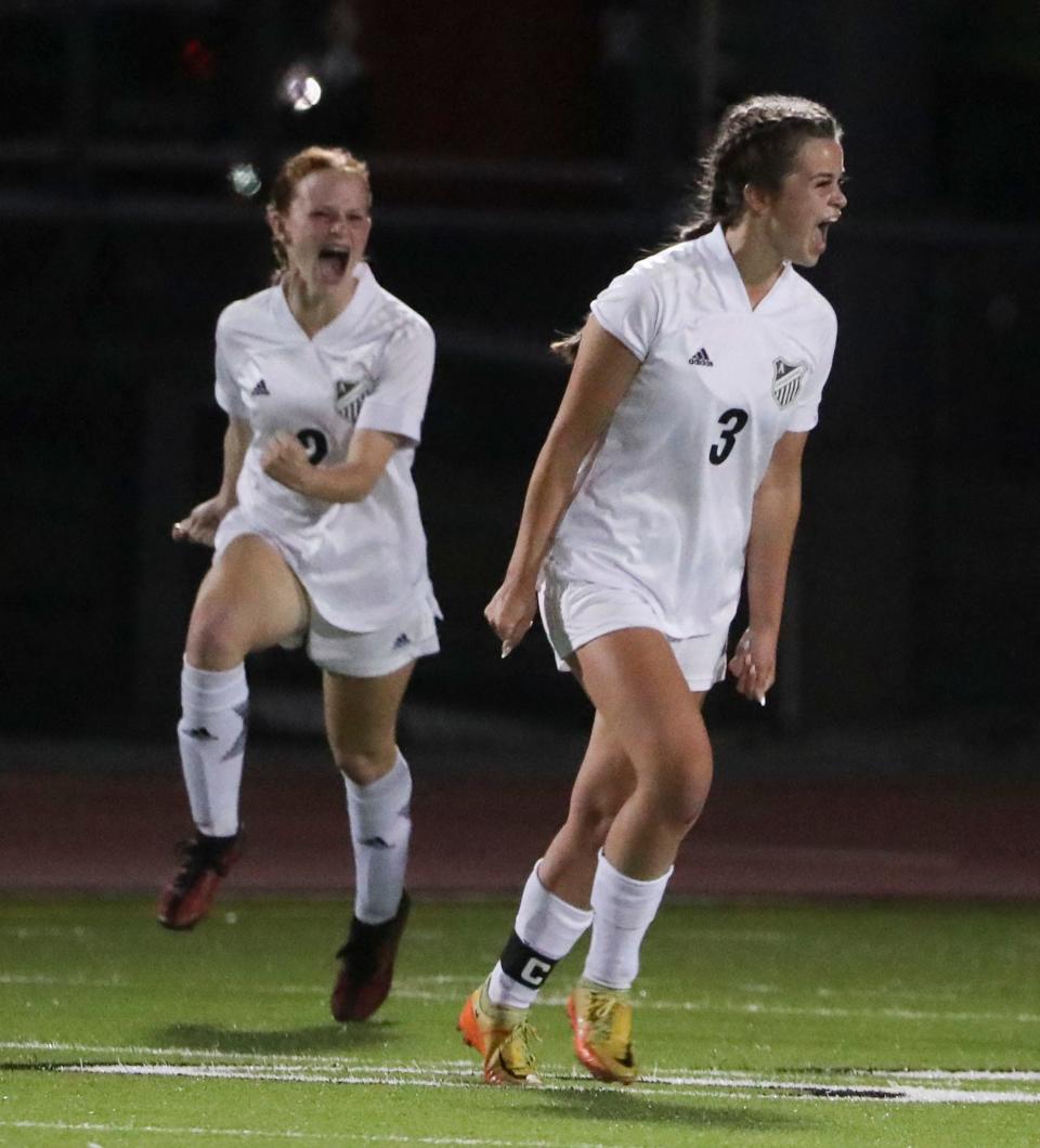 Appoquinimink's Sydney Donovan (3) reacts with teammate Waryn Catania as the Jags get on the board first in the first half of the DIAA Division I championship game at Delaware State University's Alumni Stadium, Friday, June 2, 2023.