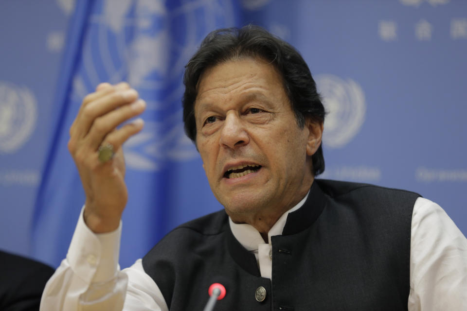 Imran Khan, Prime Minister of Pakistan, speaks to reporters during a news conference at United Nations headquarters Tuesday, Sept. 24, 2019. (AP Photo/Seth Wenig)