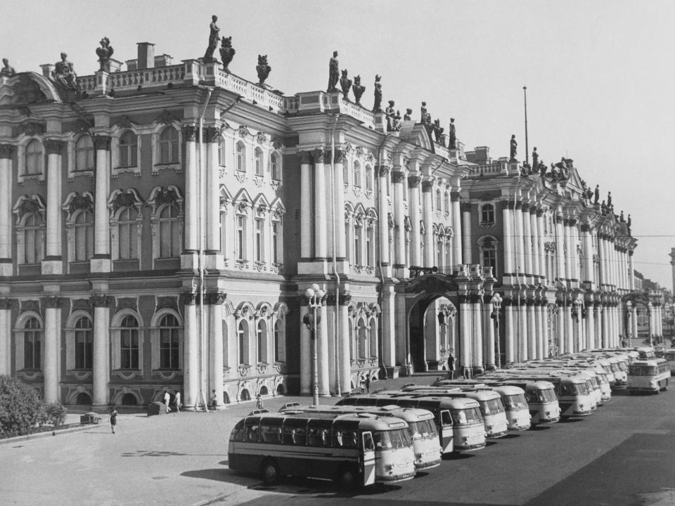 Tour buses in front of the Winter Palace in what was then called Leningrad in 1970.