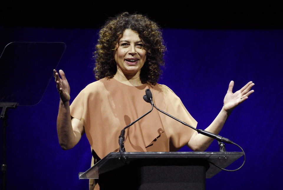 Donna Langley, chairman of Universal Filmed Entertainment Group, addresses the audience during the Universal Pictures presentation at CinemaCon 2019, the official convention of the National Association of Theatre Owners (NATO) at Caesars Palace, Wednesday, April 3, 2019, in Las Vegas. (Photo by Chris Pizzello/Invision/AP)