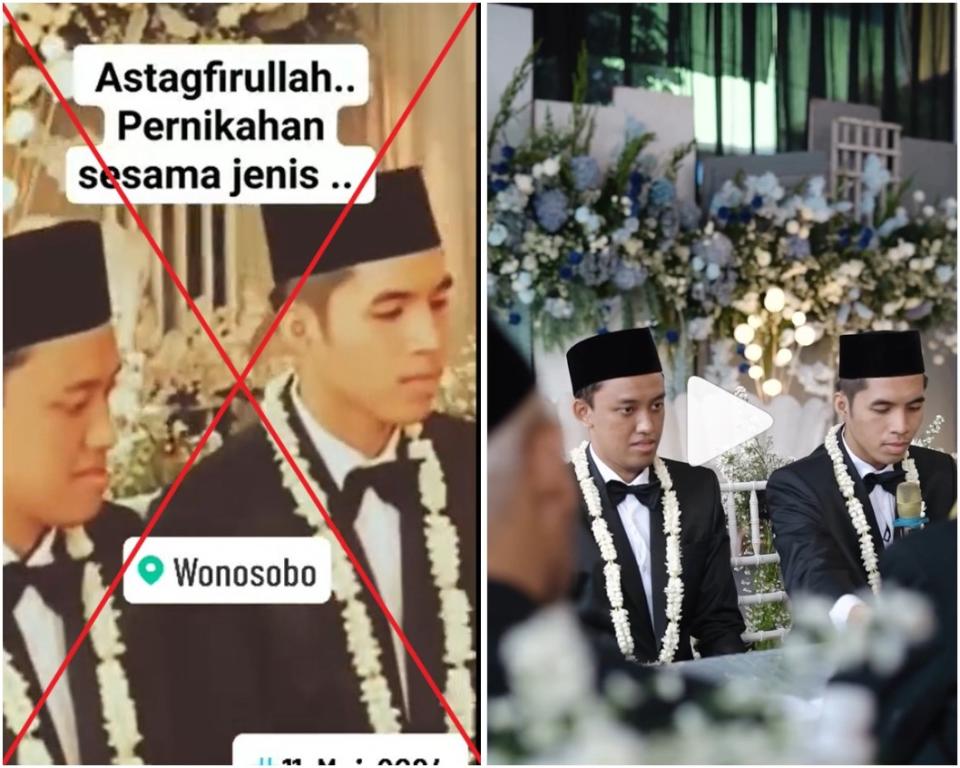 <span>Screenshot comparison of the video shared in a false TikTok post and a similar video posted by the wedding organiser</span>