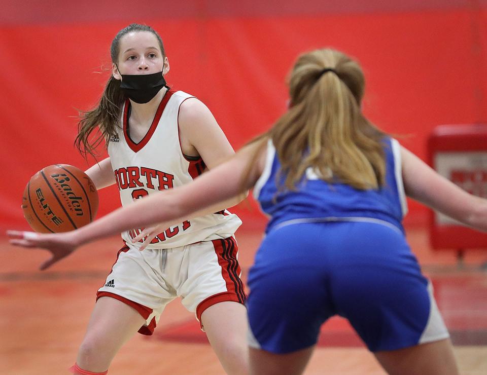 North Quincy captain Orlagh Gormley looks for an open teammate to pass to.North Quincy hosts Scituate in girls basketball on  Friday December 17, 2021  