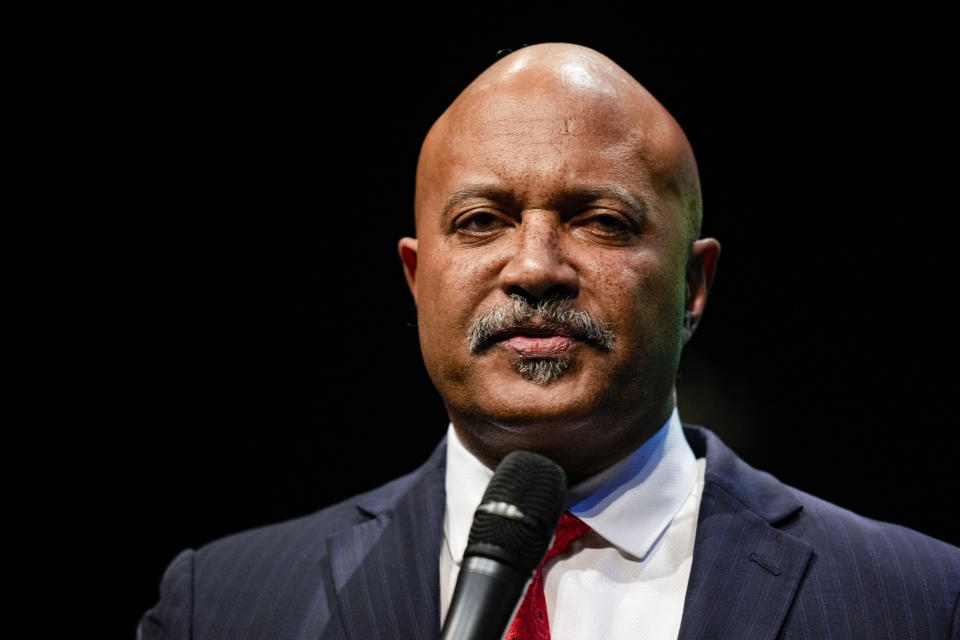 FILE - Curtis Hill speaks during a Republican Indiana gubernatorial candidate forum in Carmel, Ind., Jan. 25, 2024. (AP Photo/Michael Conroy, file)