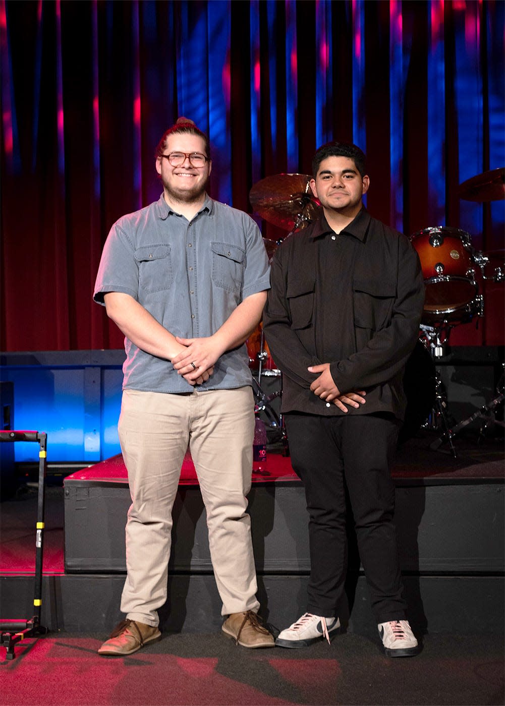 JoJo DiSalvo, left, and Noah Garcia of Frenship High School recently won a songwriting contest for area musicians hosted by South Plains College’s Commercial Music Department. Both winners will perform their songs on May 4 during Fest Week in the Tom T. Hall Studio.