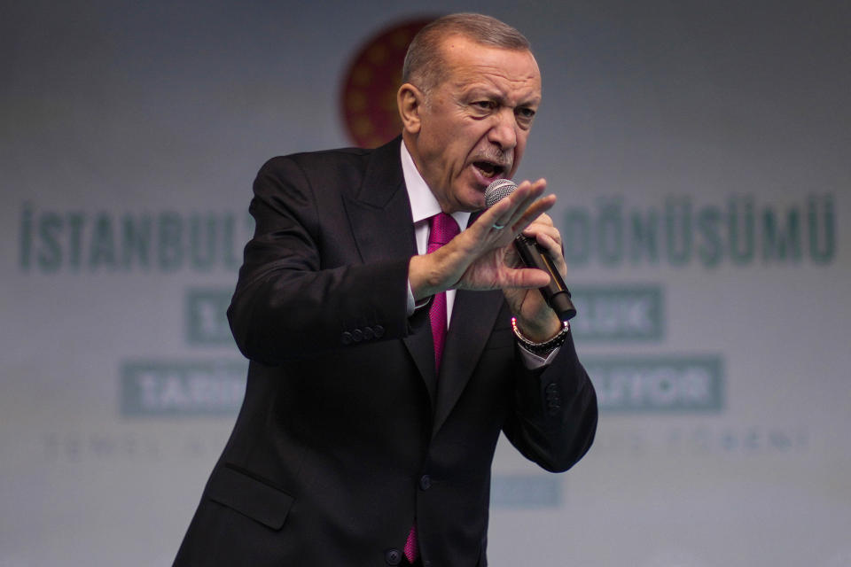 FILE - Turkish President and People's Alliance's presidential candidate Recep Tayyip Erdogan gives a speech during an election rally campaign in Istanbul, Turkey, Friday, April 21, 2023. The 69-year-old leader, who has sought to dispel concerns about his health weeks before a crucial election, has canceled several campaign stops. Erdogan, who has ruled Turkey for two decades, canceled rallies on Wednesday and Thursday after he suffered what the health minister called a gastrointestinal infection. (AP Photo/Francisco Seco, File)