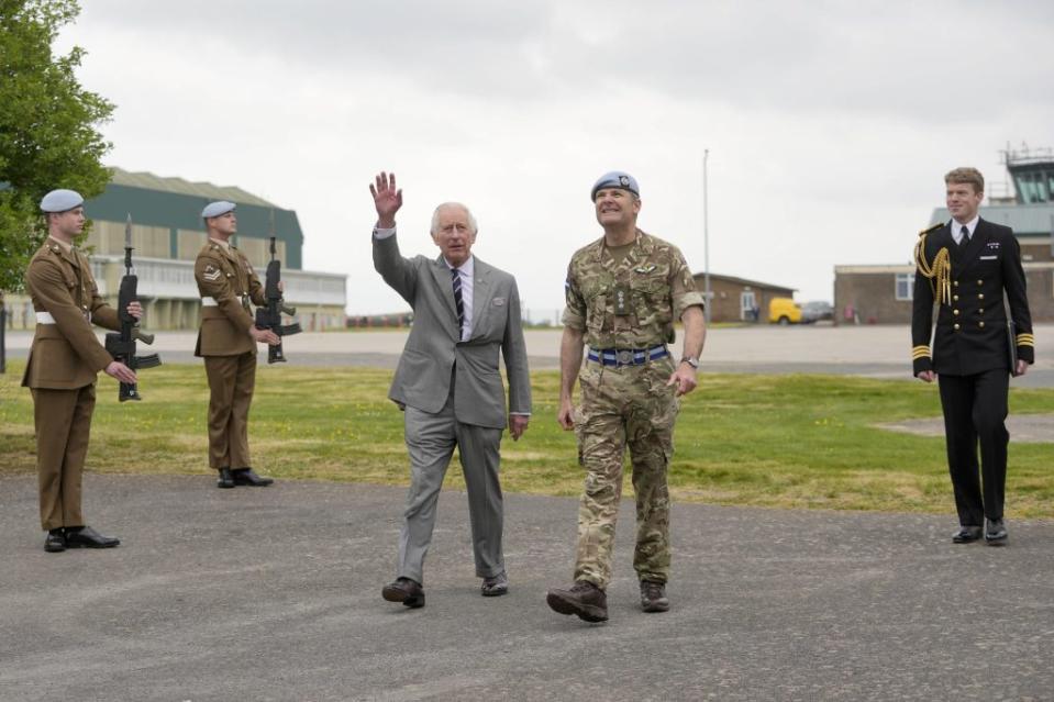 The monarch, 75, arrived at the Army Aviation Centre in Middle Wallop, south England, Monday. AP